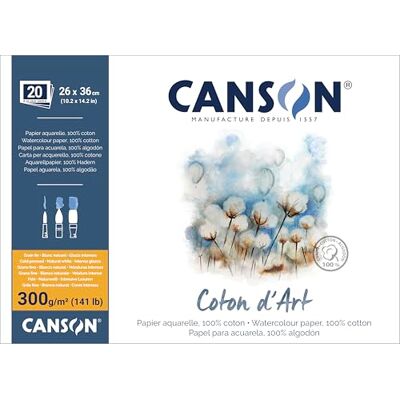 Canson Coton D’Art, Papel para acuarela, grano fino, 300 g/m², bloc encolado por los 4 lados, 26x36 cm, blanco natural, 20 hojas Canson Coton D’Art, Papel para acuarela, grano fino, 300 g/m², bloc encolado por los 4 lados, 26x36 cm, blanco natural, 20 hojas