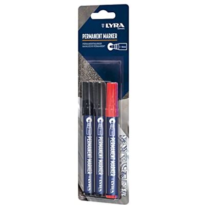 LYRA L, Rotulador permanente negro y rojo, 1-4 mm, para marcas profesionales en superficies lisas y rugosas, blíster con 3 marcadores (2 negros, 1 rojo) LYRA L, Rotulador permanente negro y rojo, 1-4 mm, para marcas profesionales en superficies lisas y rugosas, blíster con 3 marcadores (2 negros, 1 rojo)