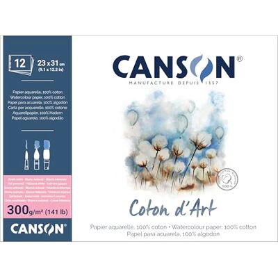 Canson Coton D’Art, Papel para acuarela, satinado, 300 g/m², bloc encolado por el lado corto, 23x31 cm, blanco natural, 12 hojas Canson Coton D’Art, Papel para acuarela, satinado, 300 g/m², bloc encolado por el lado corto, 23x31 cm, blanco natural, 12 hojas