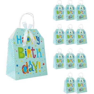 Idena Bolsas de regalo Feliz Cumpleaños, 12 unidades, bolsas de regalo de tamaño 19 x 25 x 11,5 cm, bolsas de papel azul con inscripción Idena Bolsas de regalo Feliz Cumpleaños, 12 unidades, bolsas de regalo de tamaño 19 x 25 x 11,5 cm, bolsas de papel azul con inscripción