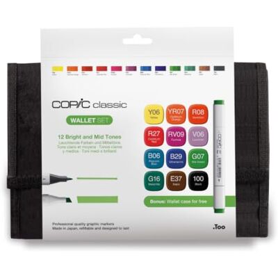 COPIC Classic Set «Bright Colours», set de 12 en cartera, rotuladores dobles con punta media y fina COPIC Classic Set «Bright Colours», set de 12 en cartera, rotuladores dobles con punta media y fina