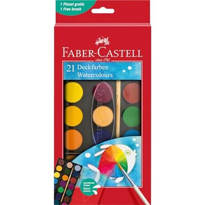 Faber-Castell Caja para acuarelas de 21 colores, incl. pincel, caja para colorear para la escuela y el tiempo libre Faber-Castell Caja para acuarelas de 21 colores, incl. pincel, caja para colorear para la escuela y el tiempo libre