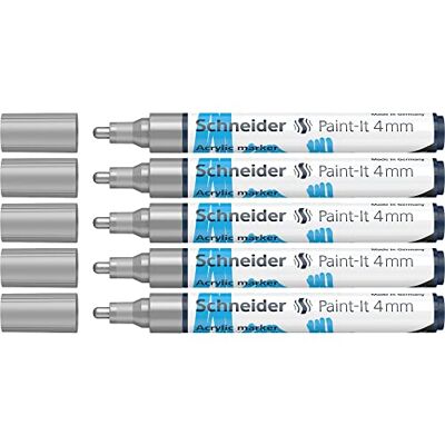 Schneider Paint-It Rotuladores acrílicos (punta redonda de 4 mm, 5 unidades), color plateado Schneider Paint-It Rotuladores acrílicos (punta redonda de 4 mm, 5 unidades), color plateado