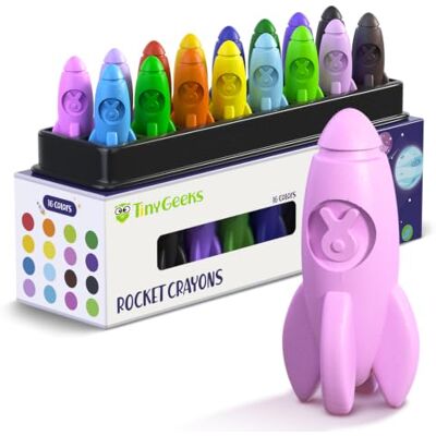 TinyGeeks Crayones Cohete, 16 Colores, No Tóxicos, Fáciles de Agarrar para Niños Lavables con Agua y Jabón, Forma Redondeada Resistente, Estimulan la Coordinación, Ideales para Pequeños Astronautas TinyGeeks Crayones Cohete, 16 Colores, No Tóxicos, Fáciles de Agarrar para Niños Lavables con Agua y Jabón, Forma Redondeada Resistente, Estimulan la Coordinación, Ideales para Pequeños Astronautas