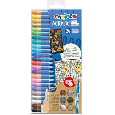 CARIOCA Marcadores acrílicos de punta media, juego de 24 colores, rotuladores acrílicos multisuperficie para decoración, arte y aficiones creativas CARIOCA Marcadores acrílicos de punta media, juego de 24 colores, rotuladores acrílicos multisuperficie para decoración, arte y aficiones creativas