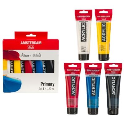 Amsterdam Standard Series Pintura Acrílica Set de Mezcla Teoría del Color (5 x 120 ml) Colores Primarios + Negro y Blanco Amsterdam Standard Series Pintura Acrílica Set de Mezcla Teoría del Color (5 x 120 ml) Colores Primarios + Negro y Blanco