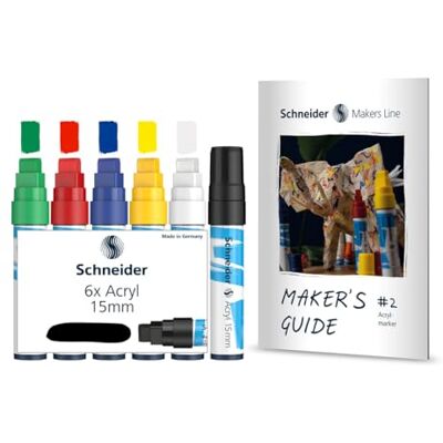 Schneider Paint-It Lápices acrílicos (1, 15 mm de ancho de trazo, pinturas acrílicas altamente opacas para madera, lienzo, piedra, etc.), 6 unidades, incluye guía de fabricante Schneider Paint-It Lápices acrílicos (1, 15 mm de ancho de trazo, pinturas acrílicas altamente opacas para madera, lienzo, piedra, etc.), 6 unidades, incluye guía de fabricante