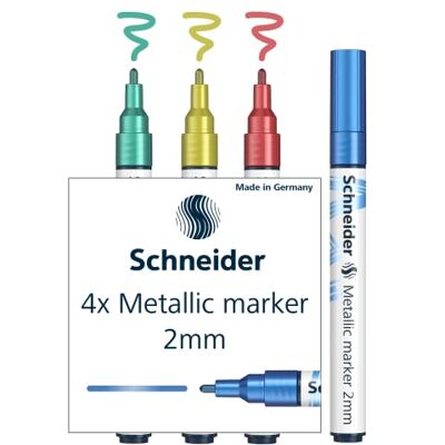 Schneider Paint-It 011 Rotuladores metálicos (grosor de trazo 2 mm, 4 unidades), color azul, verde, rojo y amarillo Schneider Paint-It 011 Rotuladores metálicos (grosor de trazo 2 mm, 4 unidades), color azul, verde, rojo y amarillo