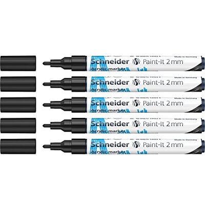 Schneider Paint-It Lápices acrílicos (con punta redonda de 2 mm, pinturas acrílicas de alta cobertura para madera, lienzo, piedra, etc.), 5 unidades, color negro Schneider Paint-It Lápices acrílicos (con punta redonda de 2 mm, pinturas acrílicas de alta cobertura para madera, lienzo, piedra, etc.), 5 unidades, color negro