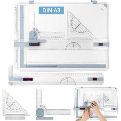 QWORK ® Tablero de Dibujo DIN A3, Tablero de Dibujo Multifuncional con Herramientas de Medición y Precisión Ajustables QWORK ® Tablero de Dibujo DIN A3, Tablero de Dibujo Multifuncional con Herramientas de Medición y Precisión Ajustables