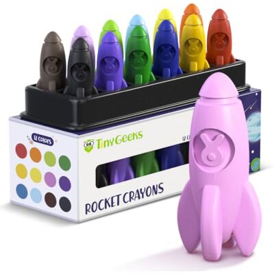 TinyGeeks Crayones Cohete, 12 Colores, No Tóxicos, Fáciles de Agarrar para Niños Lavables con Agua y Jabón, Forma Redondeada Resistente, Estimulan la Coordinación, Ideales para Pequeños Astronautas TinyGeeks Crayones Cohete, 12 Colores, No Tóxicos, Fáciles de Agarrar para Niños Lavables con Agua y Jabón, Forma Redondeada Resistente, Estimulan la Coordinación, Ideales para Pequeños Astronautas