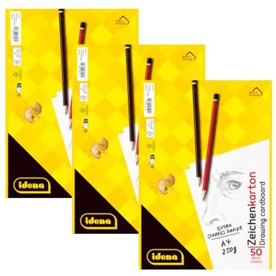 Idena 90296-Tablero DIN A4, 3 blocs de Dibujo con 50 Hojas de Papel Cada uno, 250 g/m², Mezcla FSC, Multicolor Idena 90296-Tablero DIN A4, 3 blocs de Dibujo con 50 Hojas de Papel Cada uno, 250 g/m², Mezcla FSC, Multicolor