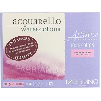 Honsell FABRIANO Artistico Bloc de 20 hojas de acuarela blanca, grano satinada, 300gr, 31x41cm, 4 esquinas encoladas Honsell FABRIANO Artistico Bloc de 20 hojas de acuarela blanca, grano satinada, 300gr, 31x41cm, 4 esquinas encoladas