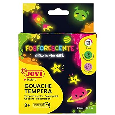 Jovi Pack 4 botes de 35ml témpera fosforescente, brilla en la oscuridad Témpera líquida escolar, Base agua, no tóxica, fácil de aplicar, Para manualidades y pintura infantil, sin gluten, lavable Jovi Pack 4 botes de 35ml témpera fosforescente, brilla en la oscuridad Témpera líquida escolar, Base agua, no tóxica, fácil de aplicar, Para manualidades y pintura infantil, sin gluten, lavable