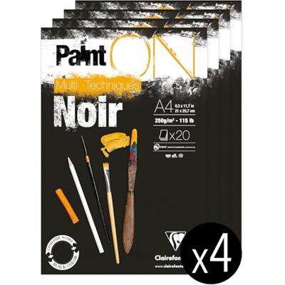Clairefontaine PaintON Lote de 4 bloques de pegamento multiusos (20 hojas, papel multitécnico, grano ligero, A4, 21 x 29,7 cm, 250 g), color negro Clairefontaine PaintON Lote de 4 bloques de pegamento multiusos (20 hojas, papel multitécnico, grano ligero, A4, 21 x 29,7 cm, 250 g), color negro