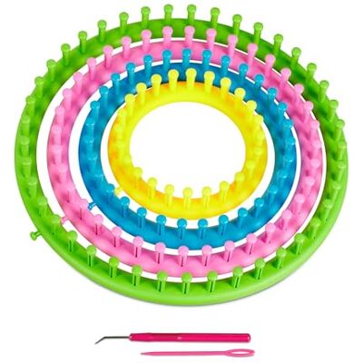 Relaxdays Kit Tejer, Set 4 Telares Redondos, Niños y Principiantes, Ø 28cm, 24cm, 19cm, 14cm, con Agujas, Multicolor Relaxdays Kit Tejer, Set 4 Telares Redondos, Niños y Principiantes, Ø 28cm, 24cm, 19cm, 14cm, con Agujas, Multicolor