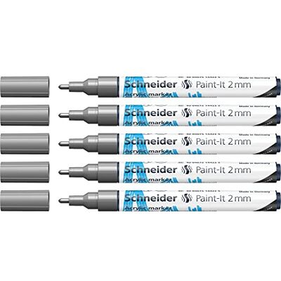 Schneider Paint-It Lápices acrílicos (con punta redonda de 2 mm, pinturas acrílicas de alta cobertura para madera, lienzo, piedra, etc.), 5 unidades, color plateado Schneider Paint-It Lápices acrílicos (con punta redonda de 2 mm, pinturas acrílicas de alta cobertura para madera, lienzo, piedra, etc.), 5 unidades, color plateado