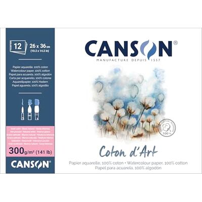 Canson Coton D’Art, Papel para acuarela, satinado, 300 g/m², bloc encolado por el lado corto, 26x36 cm, blanco natural, 12 hojas Canson Coton D’Art, Papel para acuarela, satinado, 300 g/m², bloc encolado por el lado corto, 26x36 cm, blanco natural, 12 hojas