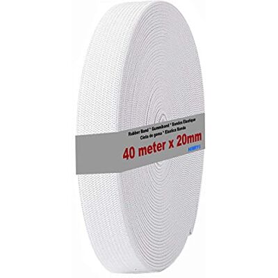 HIMRY Cinta de Goma Plana (poliéster, 40 m x 20 mm), Color Blanco HIMRY Cinta de Goma Plana (poliéster, 40 m x 20 mm), Color Blanco