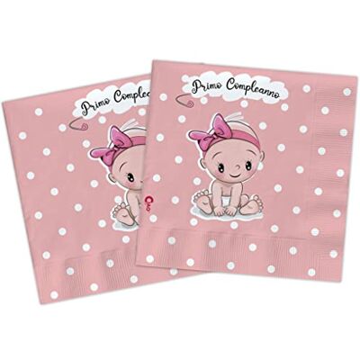 Ciao Servilletas de papel compostables Primer cumpleaños (33 x 33 cm, doble vela), 20 unidades, rosa, Ciao Servilletas de papel compostables Primer cumpleaños (33 x 33 cm, doble vela), 20 unidades, rosa,