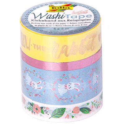 Folia Cinta washi de papel de arroz juego de 4 "Follow The Rabbit acabado en caliente 4 rollos de 5 m de longitud en diferentes anchuras para decorar y decorar Folia Cinta washi de papel de arroz juego de 4 "Follow The Rabbit acabado en caliente 4 rollos de 5 m de longitud en diferentes anchuras para decorar y decorar