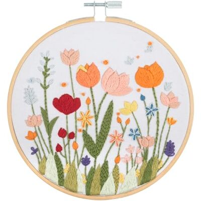 Trimits Kit de bordado con bastidor: diseño de flores sobre tela de algodón preimpresa (25 x 25 cm) con base de fieltro, hilo, aguja e instrucciones Trimits Kit de bordado con bastidor: diseño de flores sobre tela de algodón preimpresa (25 x 25 cm) con base de fieltro, hilo, aguja e instrucciones