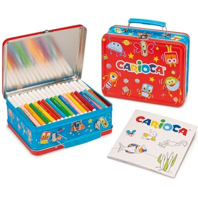 CARIOCA Pinturas + libro para colorear – Caja de lata (rojo) con 100 rotuladores Joy con punta fina de 2,8 mm, tinta súper lavable + 1 libro para colorear, juego de colores, fabricado en CARIOCA Pinturas + libro para colorear – Caja de lata (rojo) con 100 rotuladores Joy con punta fina de 2,8 mm, tinta súper lavable + 1 libro para colorear, juego de colores, fabricado en