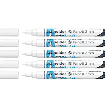 Schneider Paint-It Lápices acrílicos (con punta redonda de 2 mm, pinturas acrílicas de alta cobertura para madera, lienzo, piedra, etc.), 5 unidades, color blanco Schneider Paint-It Lápices acrílicos (con punta redonda de 2 mm, pinturas acrílicas de alta cobertura para madera, lienzo, piedra, etc.), 5 unidades, color blanco