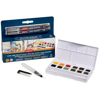 Derwent Set de Pinturas para Técnicas Mixtas Line and Wash, 14 Unidades, Tamaño Media Cubeta, Rotuladores Punta Fina, Soluble en Agua, para Dibujos Urbanos, Calidad Profesional, Tamaño Viaje Derwent Set de Pinturas para Técnicas Mixtas Line and Wash, 14 Unidades, Tamaño Media Cubeta, Rotuladores Punta Fina, Soluble en Agua, para Dibujos Urbanos, Calidad Profesional, Tamaño Viaje