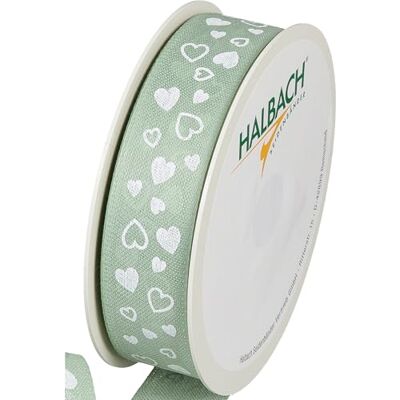 Halbach Cinta de seda con diseño de corazones, 25 mm de ancho, 18 m de longitud, perfecta para bodas o San Valentín, color verde y blanco Halbach Cinta de seda con diseño de corazones, 25 mm de ancho, 18 m de longitud, perfecta para bodas o San Valentín, color verde y blanco