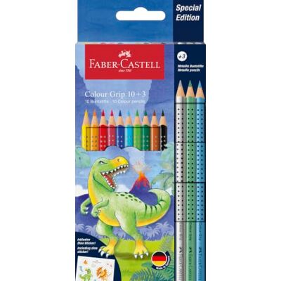 Faber-Castell Set de lápices de colores Dino, 13 piezas Lápices de colores a prueba de roturas para niños, con 3 lápices metalizados y pegatinas de dinosaurios Faber-Castell Set de lápices de colores Dino, 13 piezas Lápices de colores a prueba de roturas para niños, con 3 lápices metalizados y pegatinas de dinosaurios
