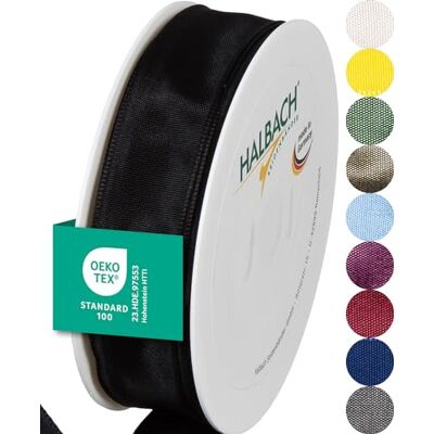 Halbach Seidenbänder Cinta de tafetán de tafetán de alta calidad con borde de alambre, 25 mm de ancho, 25 m de largo, certificado Öko-Tex 100, color negro Halbach Seidenbänder Cinta de tafetán de tafetán de alta calidad con borde de alambre, 25 mm de ancho, 25 m de largo, certificado Öko-Tex 100, color negro
