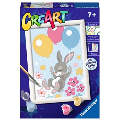 Ravensburger CreArt Conejito con Globos, Kit Pintar por números +7 años Kit completo con lámina 14x19 cm, colores, pincel y marco incluidos; incluye todo lo necesario para pintar desde 7 años. Ravensburger CreArt Conejito con Globos, Kit Pintar por números +7 años Kit completo con lámina 14x19 cm, colores, pincel y marco incluidos; incluye todo lo necesario para pintar desde 7 años.