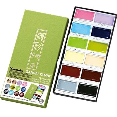 Kuretake Gansai Tambi Set de Acuarelas, 12 Colores Nuance, Hecho en Japón 12 colores nuance, mezcla suave, pastillas grandes, carta de colores incluida, calidad artística Kuretake Gansai Tambi Set de Acuarelas, 12 Colores Nuance, Hecho en Japón 12 colores nuance, mezcla suave, pastillas grandes, carta de colores incluida, calidad artística