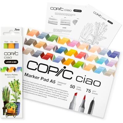 COPIC Ciao LAYER & MIX Starter Set Botanic, juego de rotuladores con 3 colores diferentes, papel de rotulador y plantilla de dibujo para calcar, incl. hoja de ejercicios de familiarización COPIC Ciao LAYER & MIX Starter Set Botanic, juego de rotuladores con 3 colores diferentes, papel de rotulador y plantilla de dibujo para calcar, incl. hoja de ejercicios de familiarización