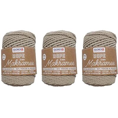 GLOREX Lote de 3 cuerdas de macramé de 60% algodón y 40% viscosa/poliéster, 500 g cada una en color tórtola, hilo de algodón de 3 mm de triple torsión GLOREX Lote de 3 cuerdas de macramé de 60% algodón y 40% viscosa/poliéster, 500 g cada una en color tórtola, hilo de algodón de 3 mm de triple torsión