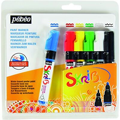 PEBEO Set skrib Paint 6 rotuladores Gouache Pintura clásica: Colores Surtidos: Azul primario, Rojo primario, Amarillo primario, Verde, Blanco, Negro 18.3 x 2.1 x 18.1 cm PEBEO Set skrib Paint 6 rotuladores Gouache Pintura clásica: Colores Surtidos: Azul primario, Rojo primario, Amarillo primario, Verde, Blanco, Negro 18.3 x 2.1 x 18.1 cm