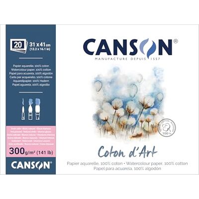 Canson Coton D’Art, Papel para acuarela, grano satinado, 300 g/m², bloc encolado por los 4 lados, 31x41 cm, blanco natural, 20 hojas Canson Coton D’Art, Papel para acuarela, grano satinado, 300 g/m², bloc encolado por los 4 lados, 31x41 cm, blanco natural, 20 hojas