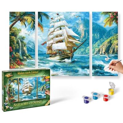 Schipper Pintura por números – velero en el mar del sur – pinturas para adultos, incluye pinceles y pinturas acrílicas, tríptico, 50 x 80 cm Schipper Pintura por números – velero en el mar del sur – pinturas para adultos, incluye pinceles y pinturas acrílicas, tríptico, 50 x 80 cm