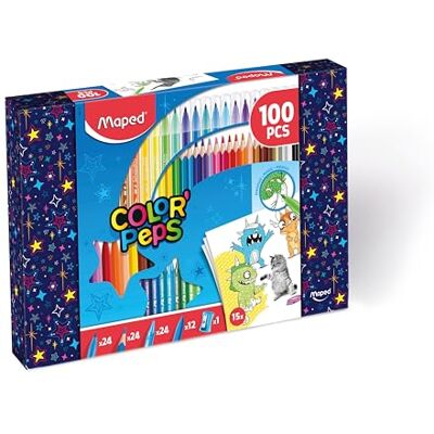 Maped Color'Peps Kit de colorear (100 unidades, 24 lápices de colores, 24 rotuladores + 24 lápices de cera + 12 lápices de plástico + 1 sacapuntas + caja reutilizable Maped Color'Peps Kit de colorear (100 unidades, 24 lápices de colores, 24 rotuladores + 24 lápices de cera + 12 lápices de plástico + 1 sacapuntas + caja reutilizable