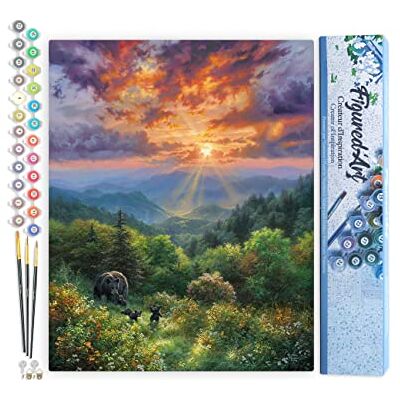 ART Pintar por Numeros Adultos Oso y puesta de sol Manualidades pintura acrilica Kit Cuadro DIY completo 40x50cm sin bastidor ART Pintar por Numeros Adultos Oso y puesta de sol Manualidades pintura acrilica Kit Cuadro DIY completo 40x50cm sin bastidor