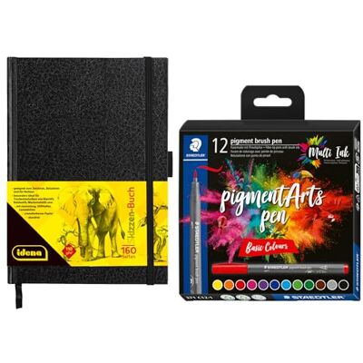 Idena 90304 – Cuaderno de bocetos DIN A5 con 160 páginas, en blanco, incluye 12 rotuladores Staedtler con punta de pincel para ancho de línea variable Idena 90304 – Cuaderno de bocetos DIN A5 con 160 páginas, en blanco, incluye 12 rotuladores Staedtler con punta de pincel para ancho de línea variable