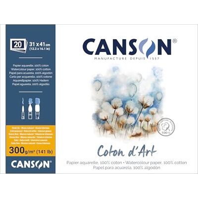 Canson Coton D’Art, Papel para acuarela, grano fino, 300 g/m², bloc encolado por los 4 lados, 31x41 cm, blanco natural, 20 hojas Canson Coton D’Art, Papel para acuarela, grano fino, 300 g/m², bloc encolado por los 4 lados, 31x41 cm, blanco natural, 20 hojas