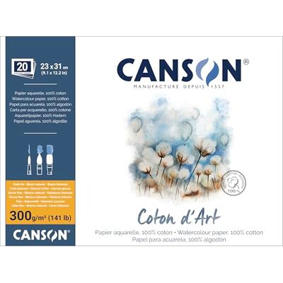 Canson Coton D’Art, Papel para acuarela, grano fino, 300 g/m², bloc encolado por los 4 lados, 23x31 cm, blanco natural, 20 hojas Canson Coton D’Art, Papel para acuarela, grano fino, 300 g/m², bloc encolado por los 4 lados, 23x31 cm, blanco natural, 20 hojas