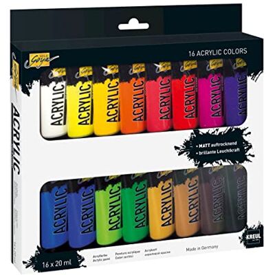 KREUL 84172 Solo Goya Acrylic Set de 16 tubos de pintura acrílica de 20 ml Pintura cremosa, versátil, cubriente y resistente al agua Calidad de estudio, secado rápido KREUL 84172 Solo Goya Acrylic Set de 16 tubos de pintura acrílica de 20 ml Pintura cremosa, versátil, cubriente y resistente al agua Calidad de estudio, secado rápido