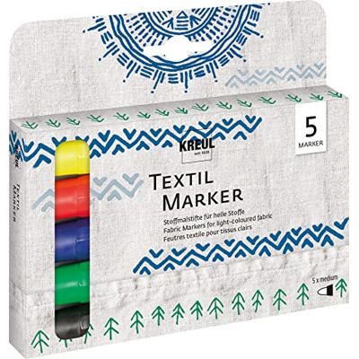 KREUL JAVANA 90710 Textile Marker Medium, 5 Paint pens for Light-Coloured Fabrics, with Large Insensitive Fibre Tip, Line Thickness Approx. 2 to 4 mm, Washable After Fixation KREUL JAVANA 90710 Textile Marker Medium, 5 Paint pens for Light-Coloured Fabrics, with Large Insensitive Fibre Tip, Line Thickness Approx. 2 to 4 mm, Washable After Fixation