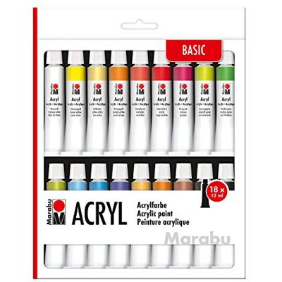 Marabu 12100000000202 Juego de pinturas acrílicas con 18 colores de 12 ml, opacas, mate y brillantes, a base de agua, adecuado para bastidor, cartón para pintar, papel y madera, de secado rápido Marabu 12100000000202 Juego de pinturas acrílicas con 18 colores de 12 ml, opacas, mate y brillantes, a base de agua, adecuado para bastidor, cartón para pintar, papel y madera, de secado rápido