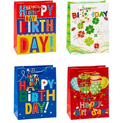 TSI Bolsas de regalo (tamaño mediano, 18 x 10 x 23 cm, 12 unidades), diseño con texto "Happy Birthday TSI Bolsas de regalo (tamaño mediano, 18 x 10 x 23 cm, 12 unidades), diseño con texto "Happy Birthday