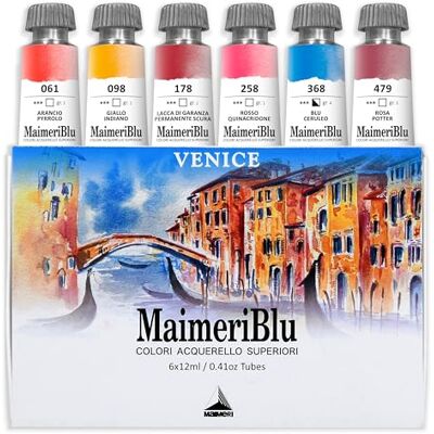 Maimeri BLU, Acuarelas de Bellas Artes, Set Venecia, Caja de cartón, Colores Surtidos, 6 Unidades 12ml, Multicolor, 12 ml Maimeri BLU, Acuarelas de Bellas Artes, Set Venecia, Caja de cartón, Colores Surtidos, 6 Unidades 12ml, Multicolor, 12 ml