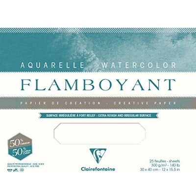 Clairefontaine Paquete de Hojas Flamboyant 10 Hojas Papel Acuarela Blanco 50% Algodón y 50% Celulosa Grano Extravagant 75x105 cm 300g Clairefontaine Paquete de Hojas Flamboyant 10 Hojas Papel Acuarela Blanco 50% Algodón y 50% Celulosa Grano Extravagant 75x105 cm 300g